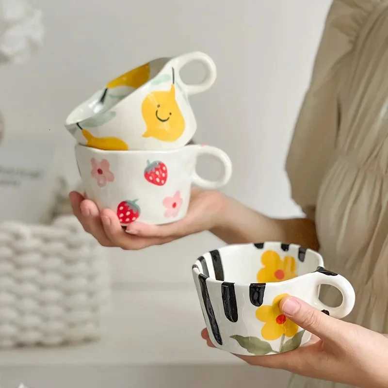 300ml Cute Hand Pinched Ceramic gs Hand drawn Flowers Coffee Cup Student Breakfast milk oatmeal cup Gift Off Water cups H251215