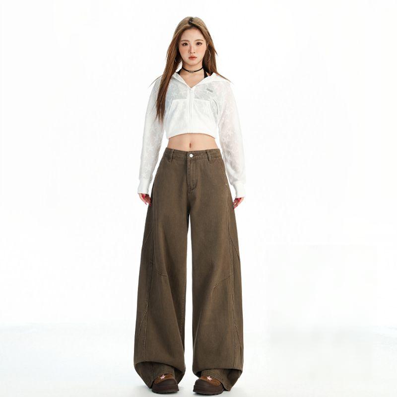 Brown-brown American vintage washed distressed jeans for men and women, loose straight-leg wide-leg pants---6603