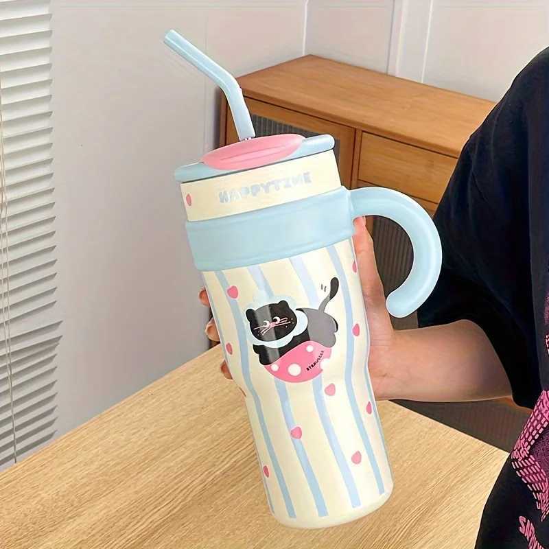 12L Cute Cat Thermos Cup SUS316 Outdoor Travel Portable Large Capacity Ice Cup Car Cup with Handle Straw as a Birthday Gift H251215