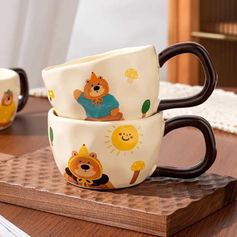 YWDL Ceramic gs Coffee Cups Hand Pinched Irregar Flower Milk Tea Cup Ins Korean Style Oatmeal Breakfast g Drinkware H251215