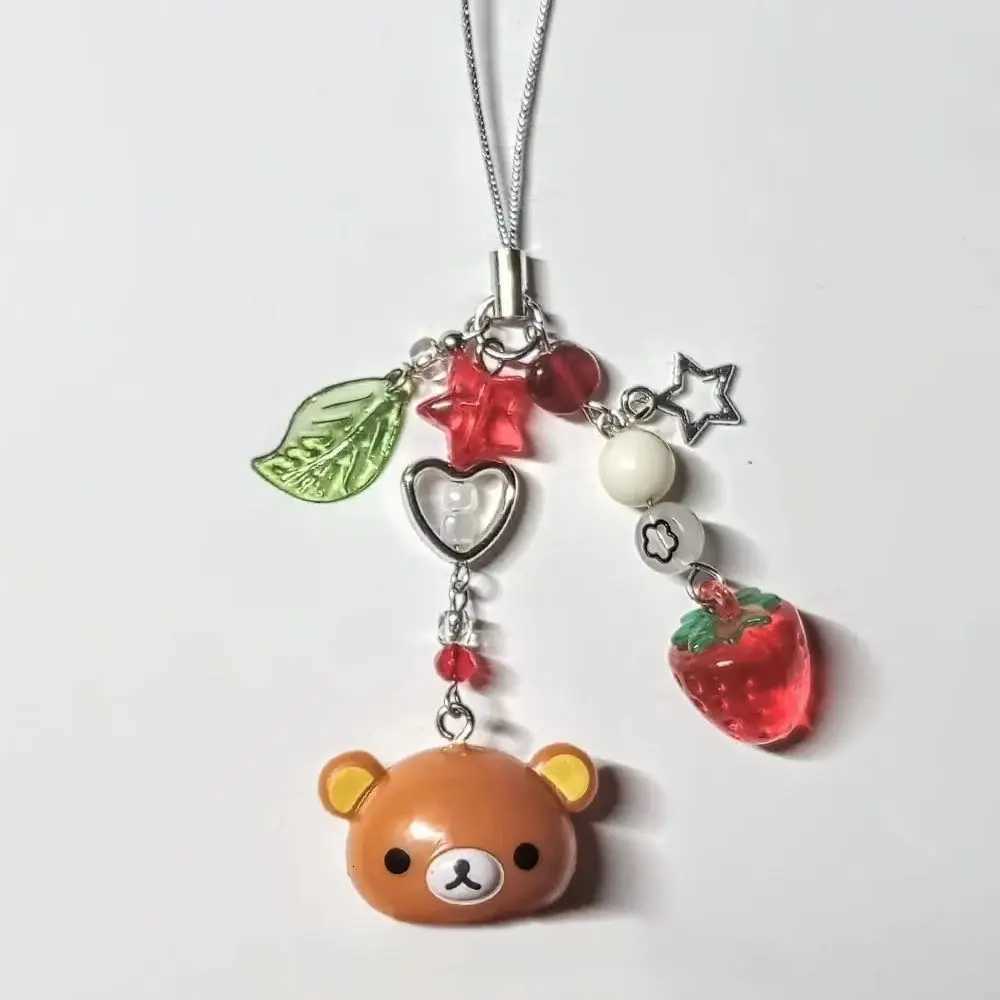 Kawaii Rilakkuma Bear Bell Keychain Y2K Handmade Phone Charm with Strawberry Star Beaded Pendant Matching Trendy Accessory M251215