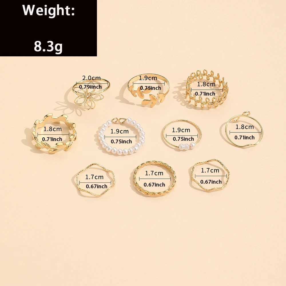 10pcs/Set New Fashion Imitation Flower Pearl Petal Wave Twist Simple Metal Hollow Ring Suitable For Womens Daily Wear M251215