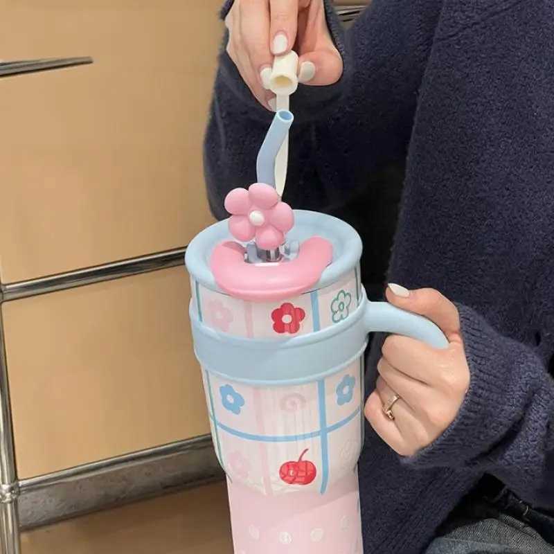 1Pieces 700/1200ml Stainless Steel Thermos Bottle Cute Ins Cat Straw Cup Large Capacity Water Bottle Car Outdoor Tableware H251215