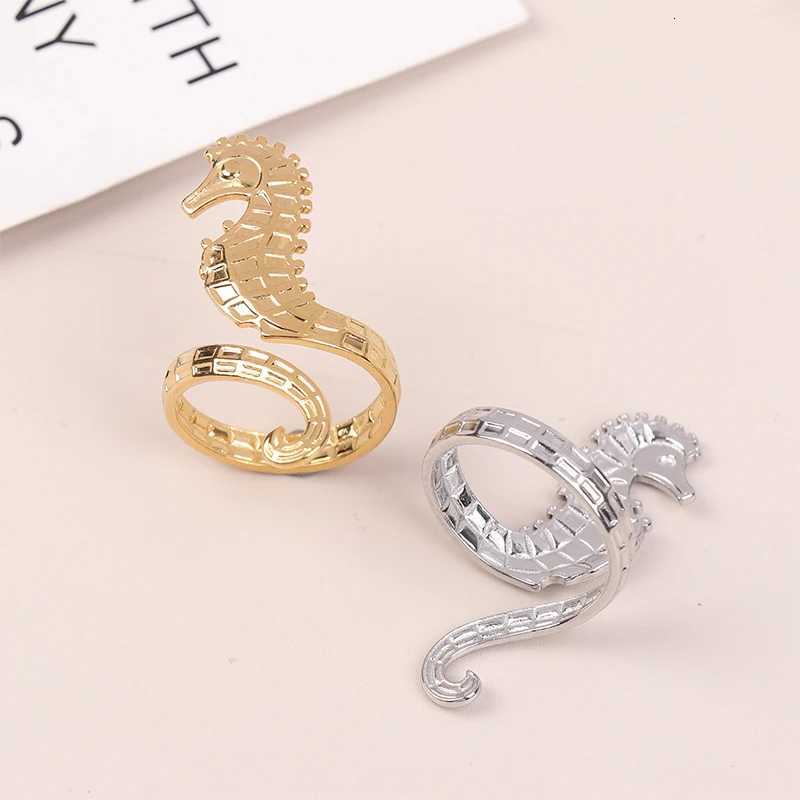 1PC Sea Beach Stainless Steel Sea Horse Design Open Ring Light Cozy Women Charm 18K PVD Plated Waterproof Stylish Jewelry Gift M251215
