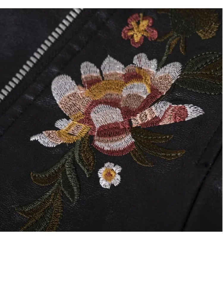 Women Patchwork Leather Jackets Flower Embroidery Rivets Short Section Pu Small Casual Motorcycle Coats 251205
