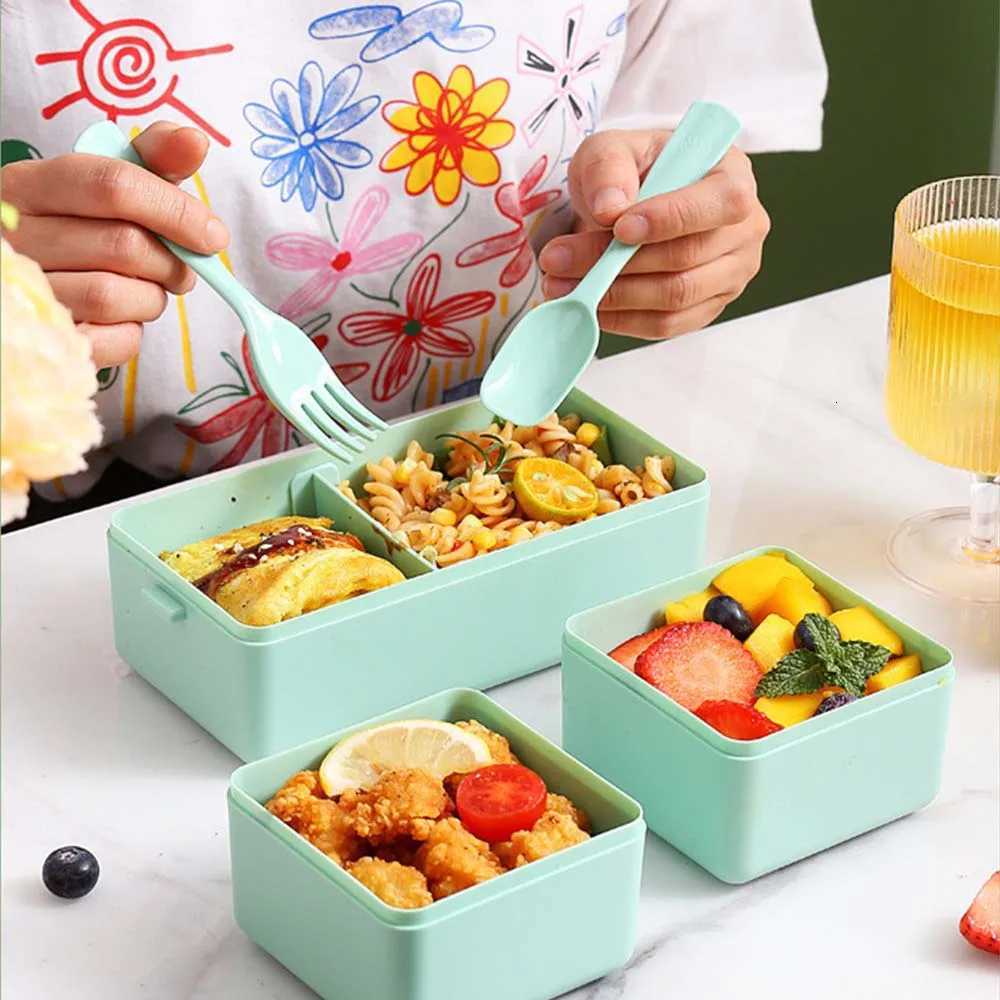 Double layered lunch box with fork and spoon stackable suitable for microwave heating suitable for students and off worker H251213