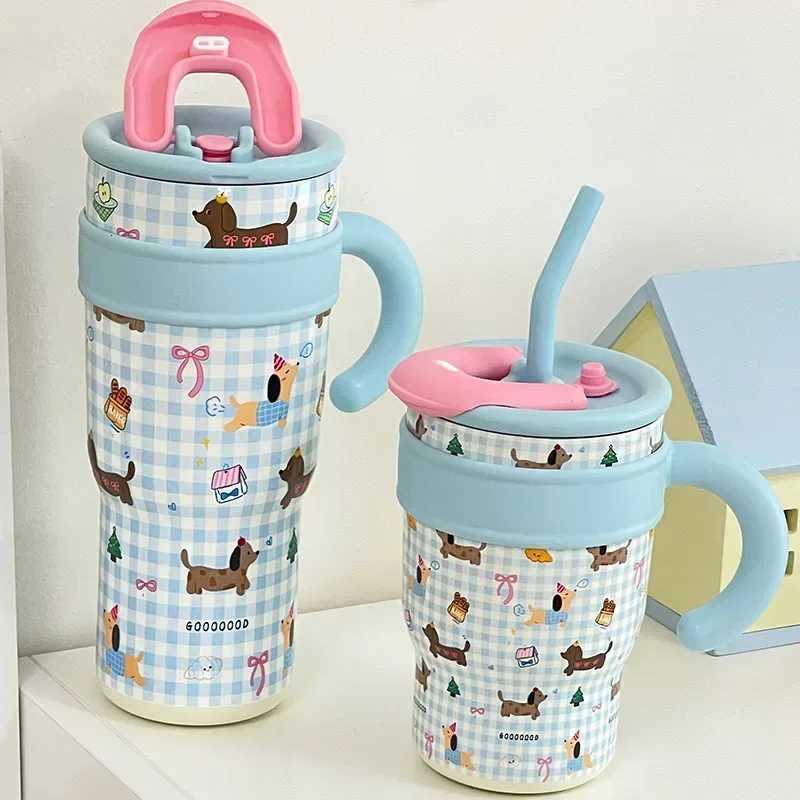 700/1200ml Large Capacity Straw Thermos Cup Stainless Steel Tumbler Bottle Car Travel Mugs With Handle Kawaii Thermos Cup Gift H251215