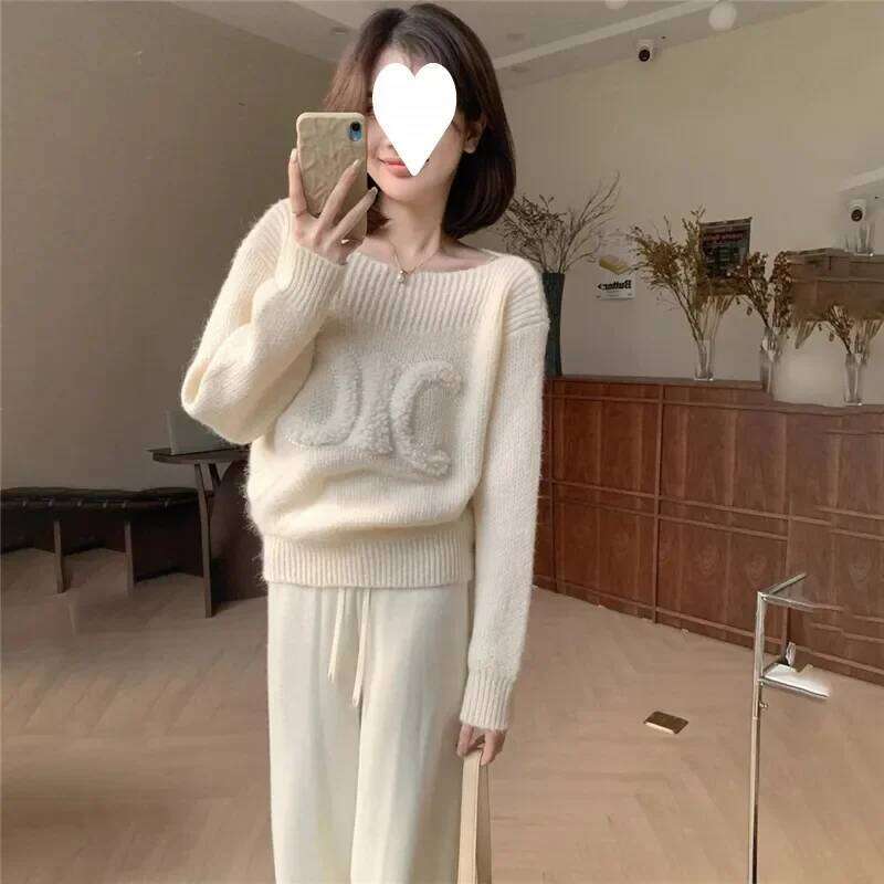Autumn Winter All-Match Fashionable Jacquard Sweater Women Clothing Simplicity Printing Solid Color Knitting Loose Pullovers