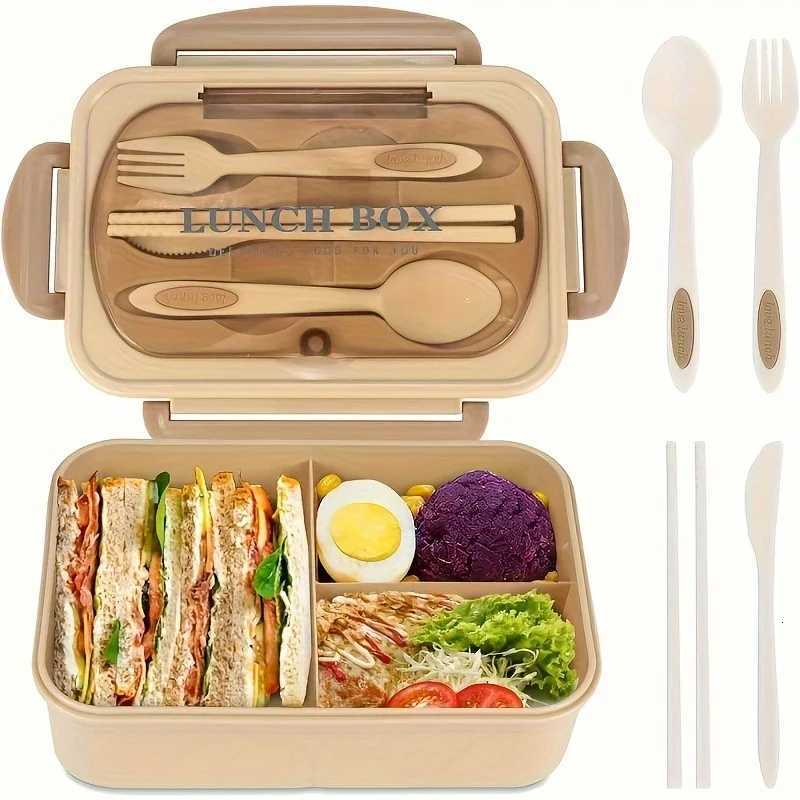 1 Set of 1200ml Large Capacity Leak-Proof Bento Box - Kitchen Dining Storage- 3 Cpartments Microwave Safe With Tableware H251213
