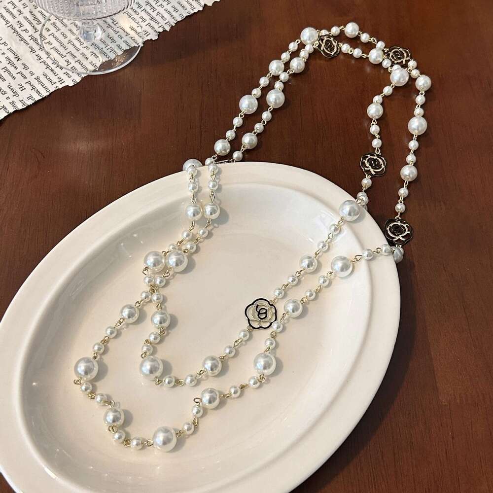 Necklace for Women Designer Luxury 2026 Long Camellia Pearl Necklace Niche High-End Multi-Layer Stacking Sweater Chain Accessory