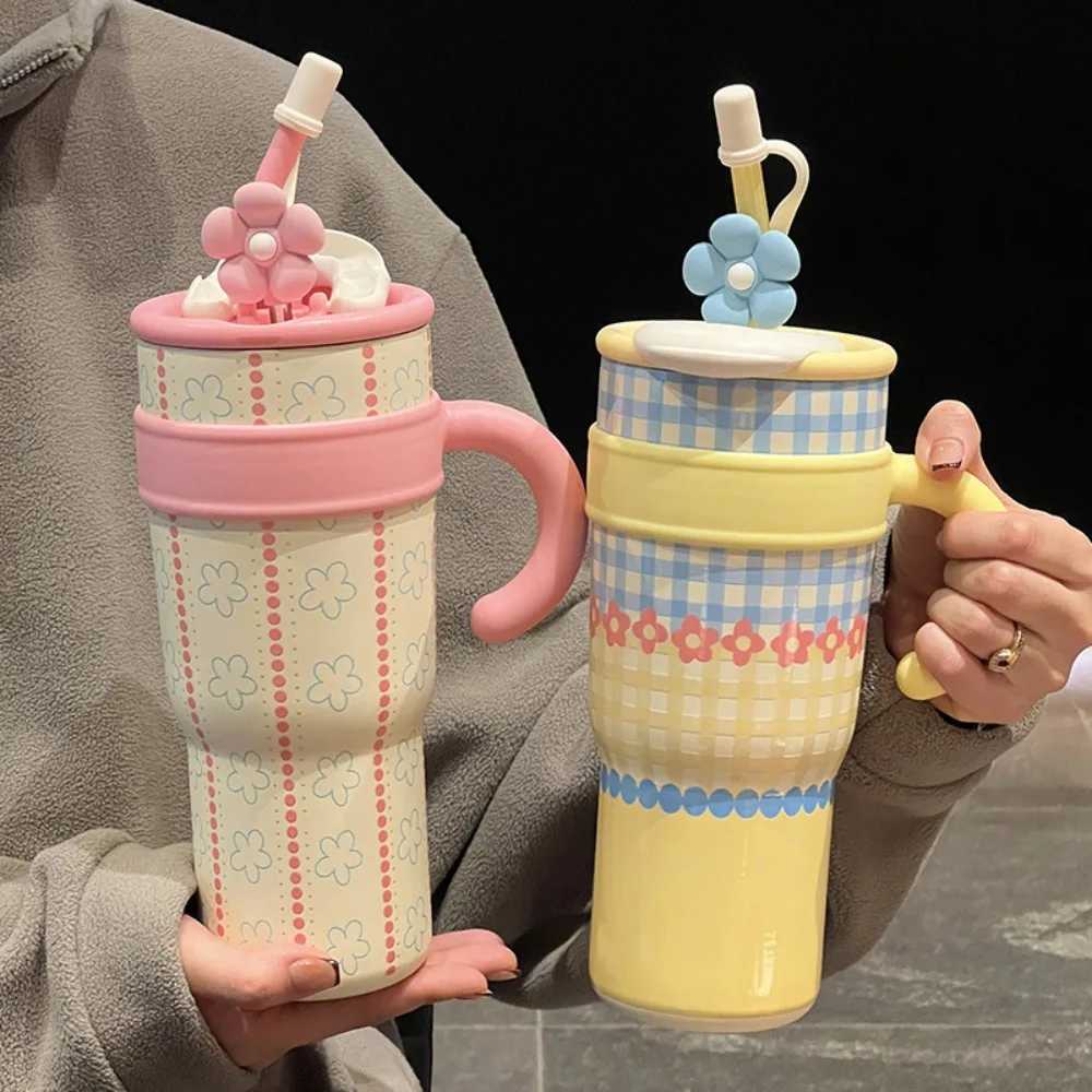 Ceramic inner pot thermos Big Mac handle Ice cup Double-drink straw water bottle Large capacity high value cup for H251215