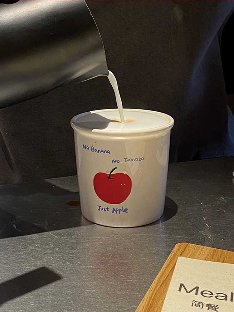 350ML Red Apple Coffee gs Simple Handdrawn Ceramic Cup Retro No Banana g Family Children Water Cup With Spoon Couple Gift H251215