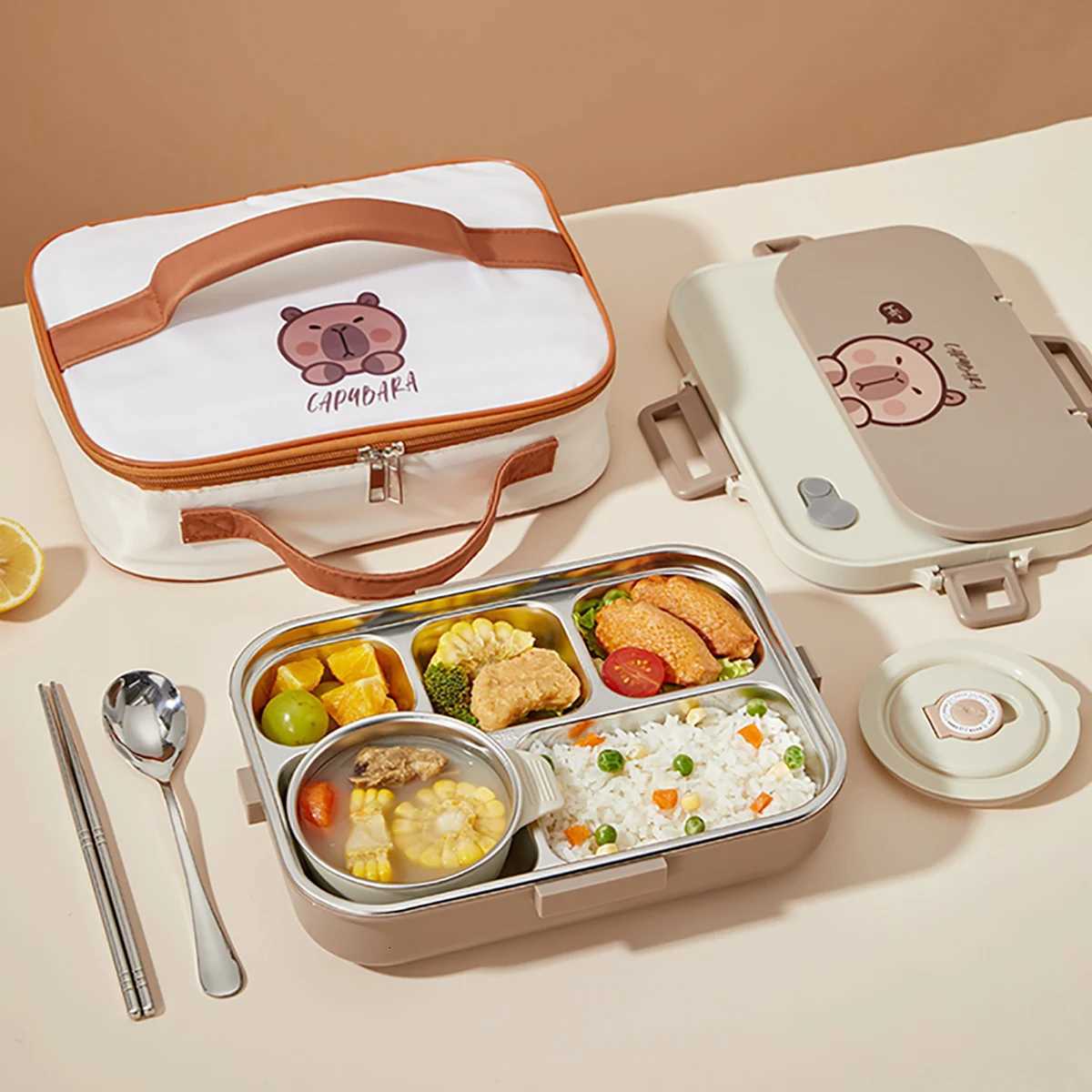 WORTHBUY Capybara 304 Stainless Steel Divided Lunch Box Set For Student Microwave Portable Sed Food Container With Cutlery H251213