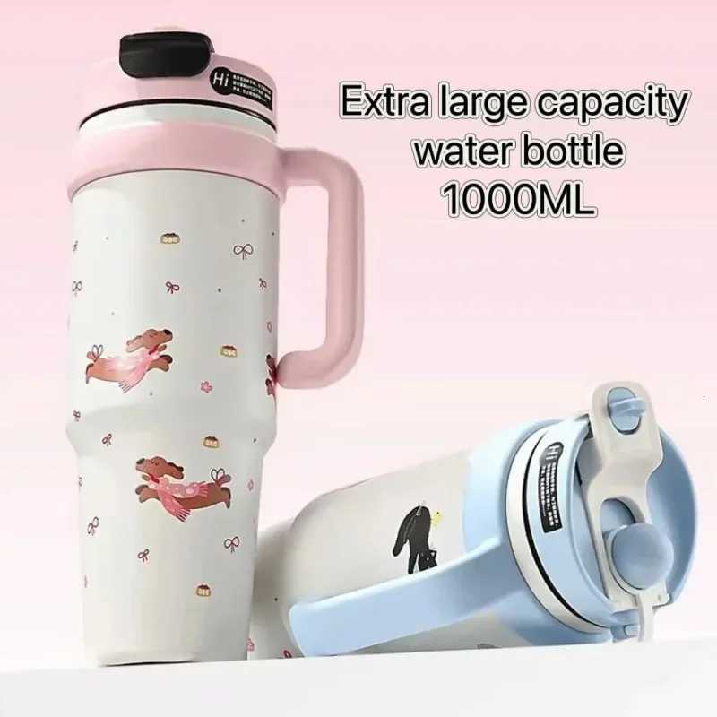 1000ML cute cartoon thermos cup 316 stainless steel ice cup non-slip frosted handle straw Super large capacity thermos cup H251215