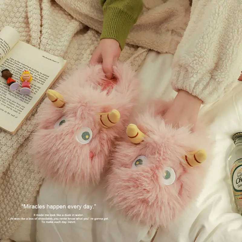 Cartoon Monster Slippers for Wen Men Winter Warm Fluffy Slippers Wens PVC Anti-slip He Slippers Funny Shoes Boots Y251215