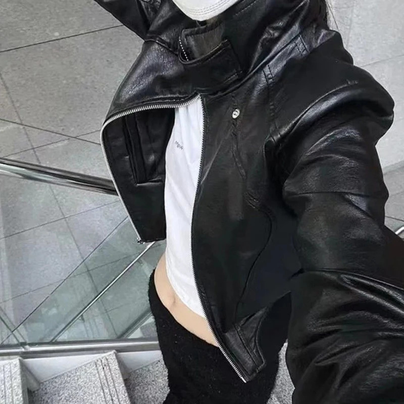 Women Vintage American Pu Leather Jacket Motorcycle Stand Collar Long Sleeve Outwear Harajuku Y2K Slim Punk Zip Cropped Coat 251205