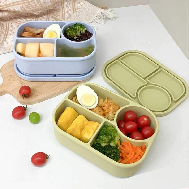 Silicone Lunch Box with Mini Fruit Fork Set 4-Cpartment Leak-Proof Snack Containers for Kids Microwave Safe Food Container H251213