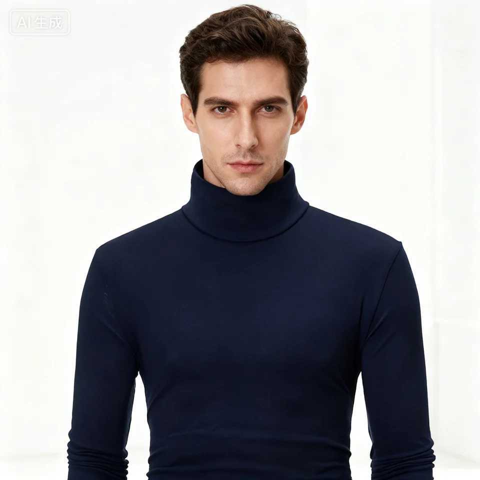 2025 Autumn Winter Mens High Neck T-shirt Slim Fit Fashion High Elastic Long Sleeve Cotton Casual Breathable Apparel Pullover G251215