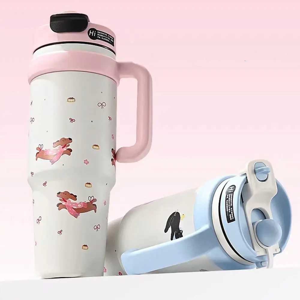 1000ML Cartoon Vacuum Cup With Lid And Straw With Handle Thermal Water Bottle Gift 316 Stainless Steel Direct Drinking Cup H251215