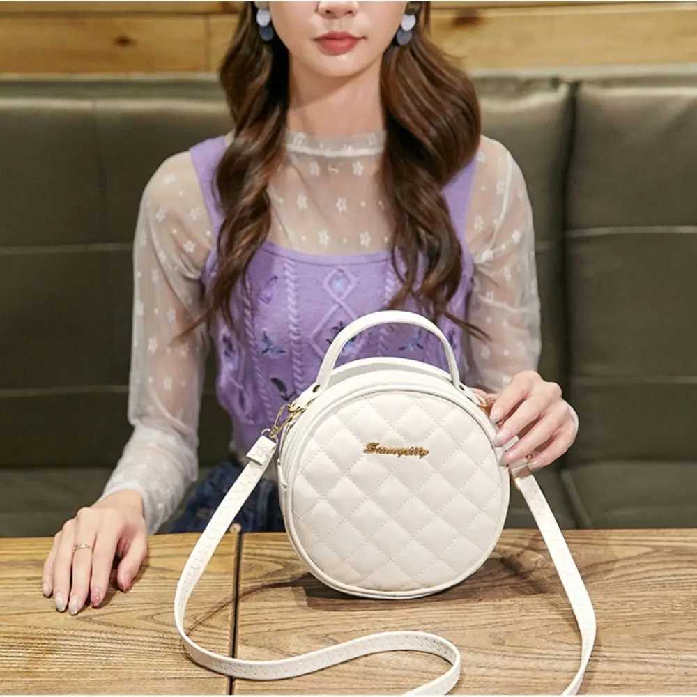 PU Leather Small Round Bag Summer Solid Color Zipper Women Shoulder Bag Lingge Embroidered Travel HandbagT251215