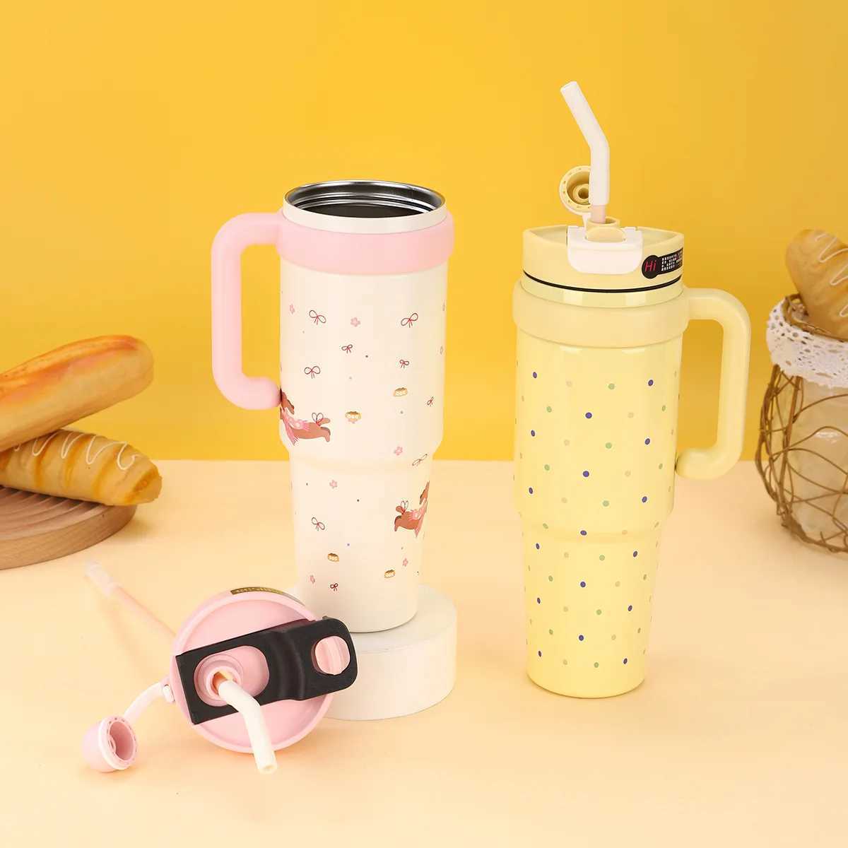 Insulated Tumbler with Hanlde 1000ml Metal Stainless Steel Vacuum Portable Straw Cup Large Thermal Mug for Hot and Cold Coffee H251215