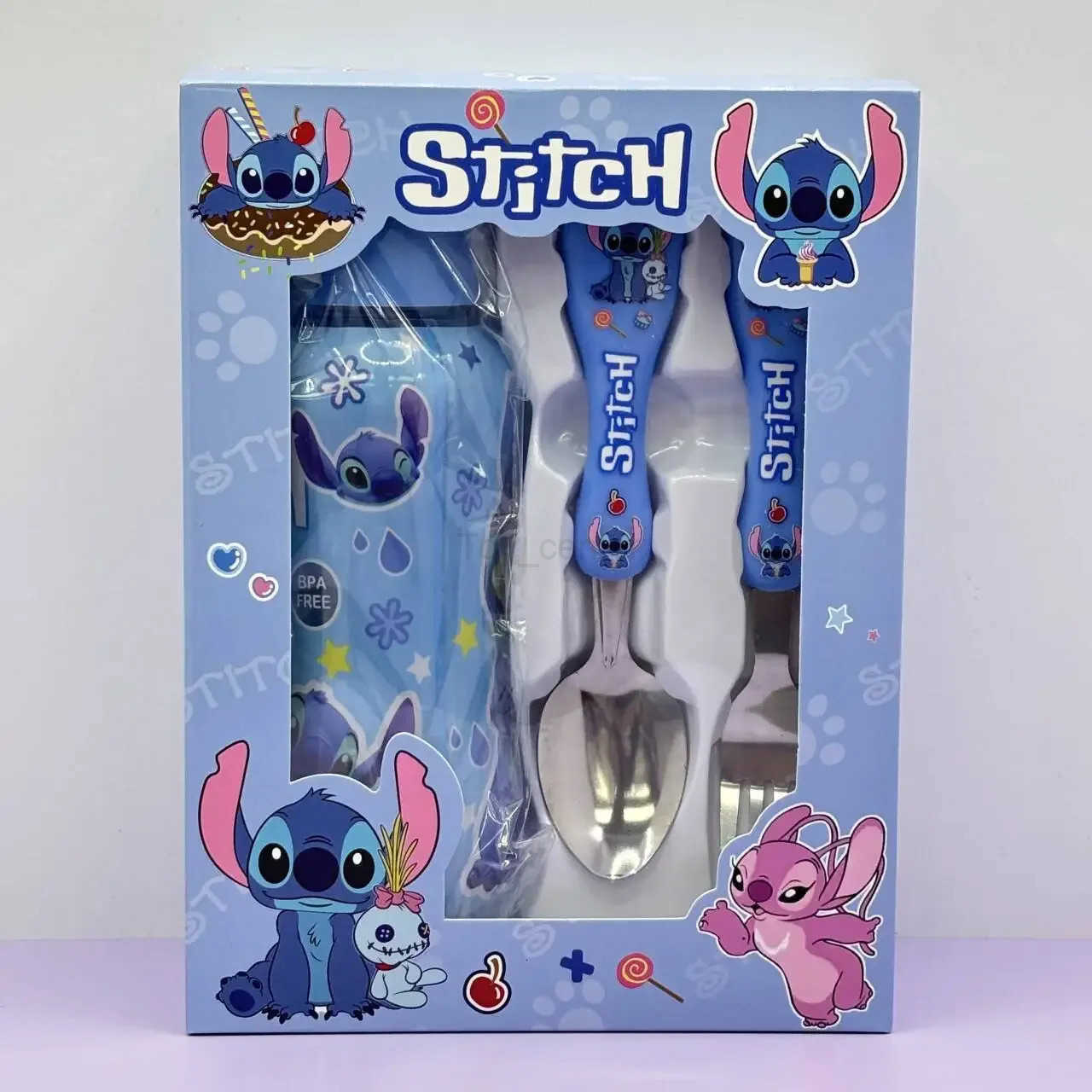 Disney Cars Lightning McQueen Stitch Frozen Cartoon 3Pcs Tableware Set Fork Spoon Water Bottle Childrens Christmas Gift H251215