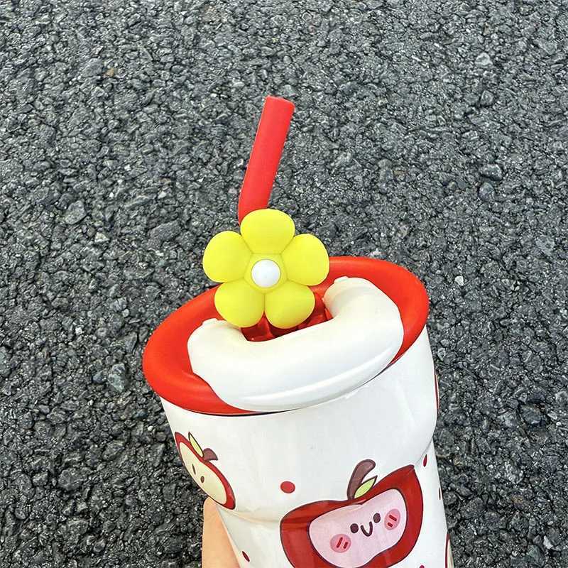 1pc Cute Cat Apple Insulated Water Cup 690ML Desktop Anti-Slip Straw CupDual-Drinking Coffee Mug H251215