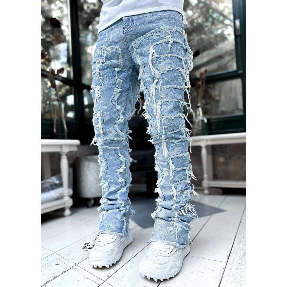 Men's Regular Stacked Jeans Ripped Slim Fit Patch Distressed Destroyed Straight Denim Pants Hip Hop Streetwear Trouser Cloth C251215