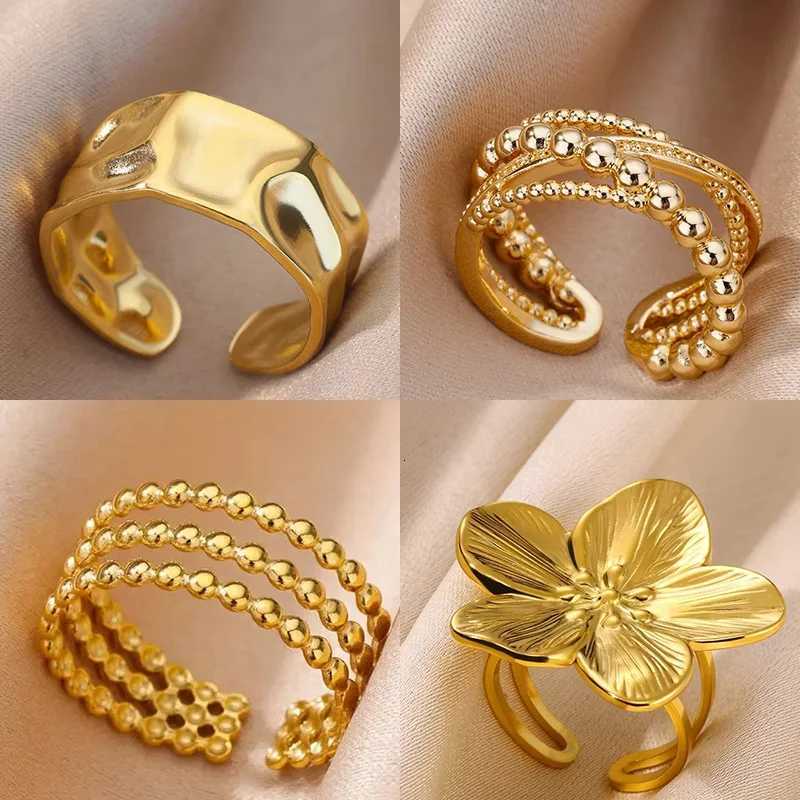 Stainless Steel Beads Design Rings For Women Gold Color Opening Ring Wedding Aesthetic Accessories Party Jewelry Gift BFF anillo M251215