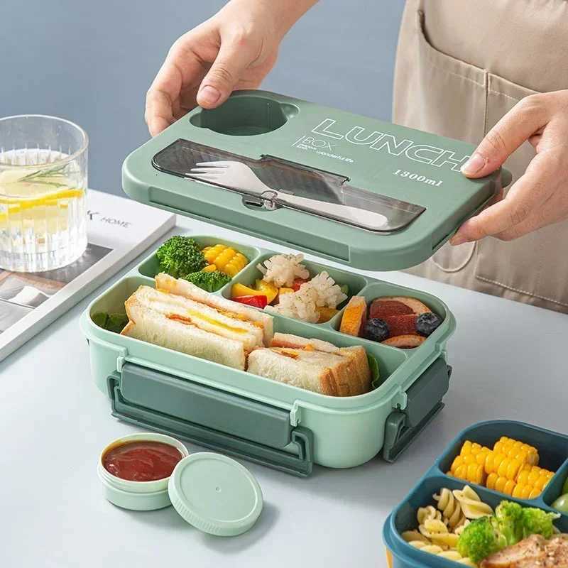 1300ML Portable Lunch Box with Sauce Box Fork and Spoon Microwave Food Cpartment Storage Container Kids Student Bento Box H251213