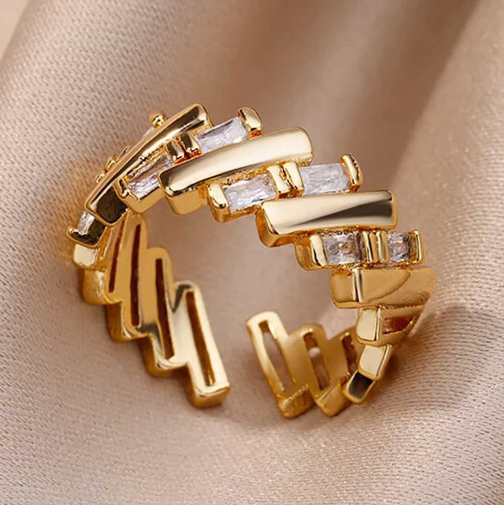 Fashion Chain Hollow Out Rings For Women Gold Color Stainless Steel Zircon Cross Open Ring Trendy Wedding Aesthetic Jewerly Gift M251215