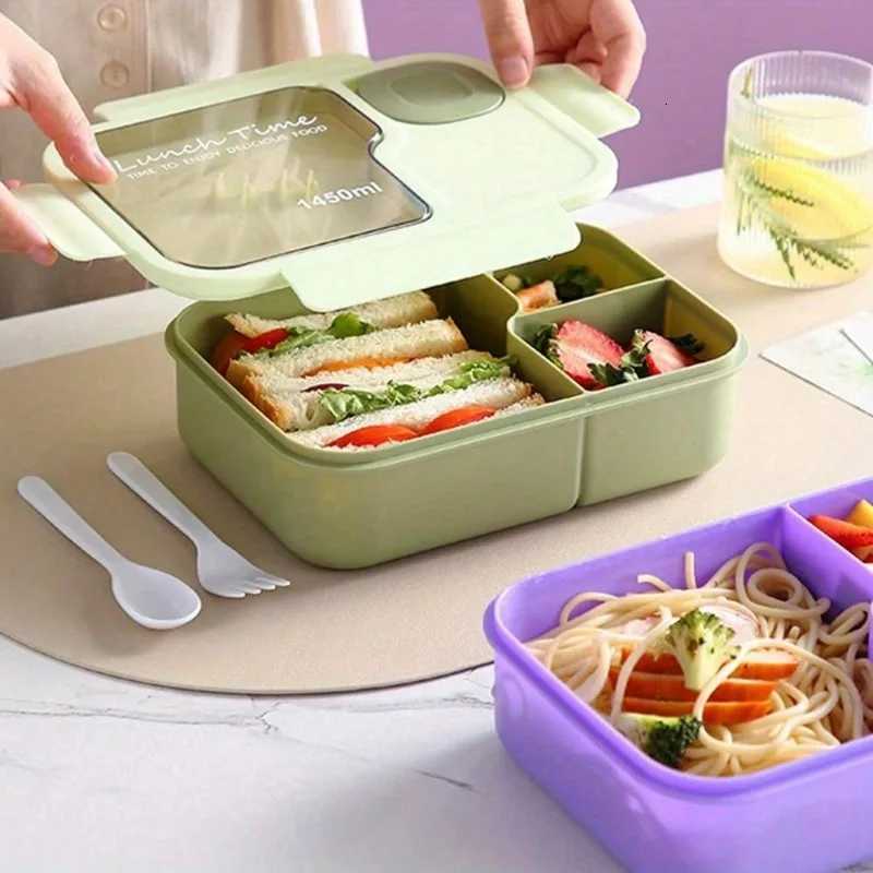 Portable Microwave Safe Bento Box with Fork and Spoon Leak-Proof Square Divider Food Storage Container for Off Lunch Picnic H251213