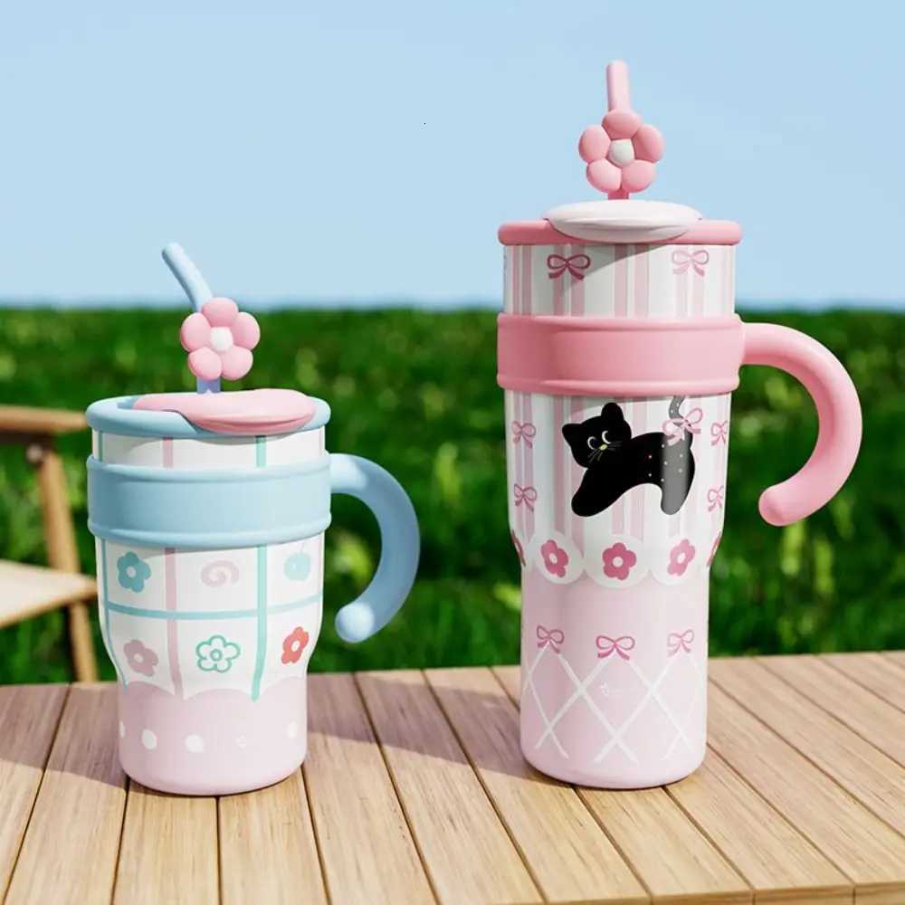 Fashion 700ML/1200ML Insulated Cup Cartoon Stainless Steel Drinking Straw Cup with Handle Large Capacity Car Coffee Mug H251215