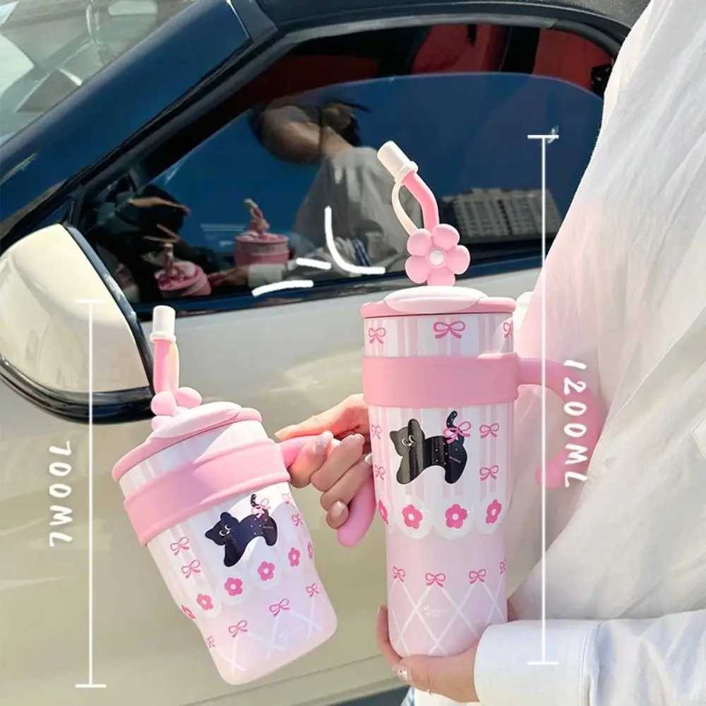Cute 700ML/1200ML Insulated Cup Stainless Steel Cartoon Drinking Straw Cup Large Capacity with Handle Water Bottle H251215