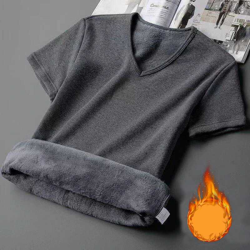 1pcs Mens V-neck Velvet Thermal T-shirts Man Solid Fleece-lined Lined Short Sleeves Tee Male Round-Neck Base Layer Pullover Tops G251215