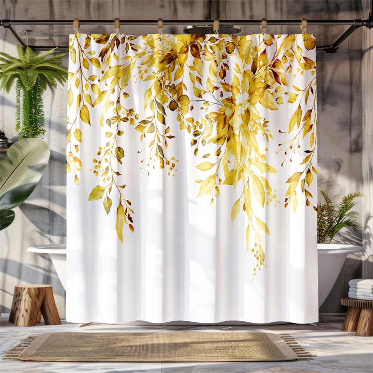 YL-37966 Watercolor Floral Leaf Print Shower Curtain, No-Drill Toilet Polyester Partition, Waterproof Bathroom Decoration