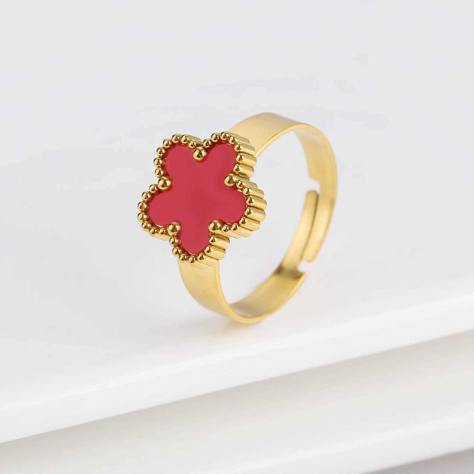 Adjustable StainlESS Steel luxury five- Flower Opening Ring Fashion Women Plum Blossom Finger Jewelry Classic Party Gift M251215