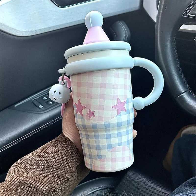 Kawaii Star Thermal Mug Large Insulated Coffee Tumbler Cute Portable Stainless Steel Thermos Bottle With Straw For Car Office H251215