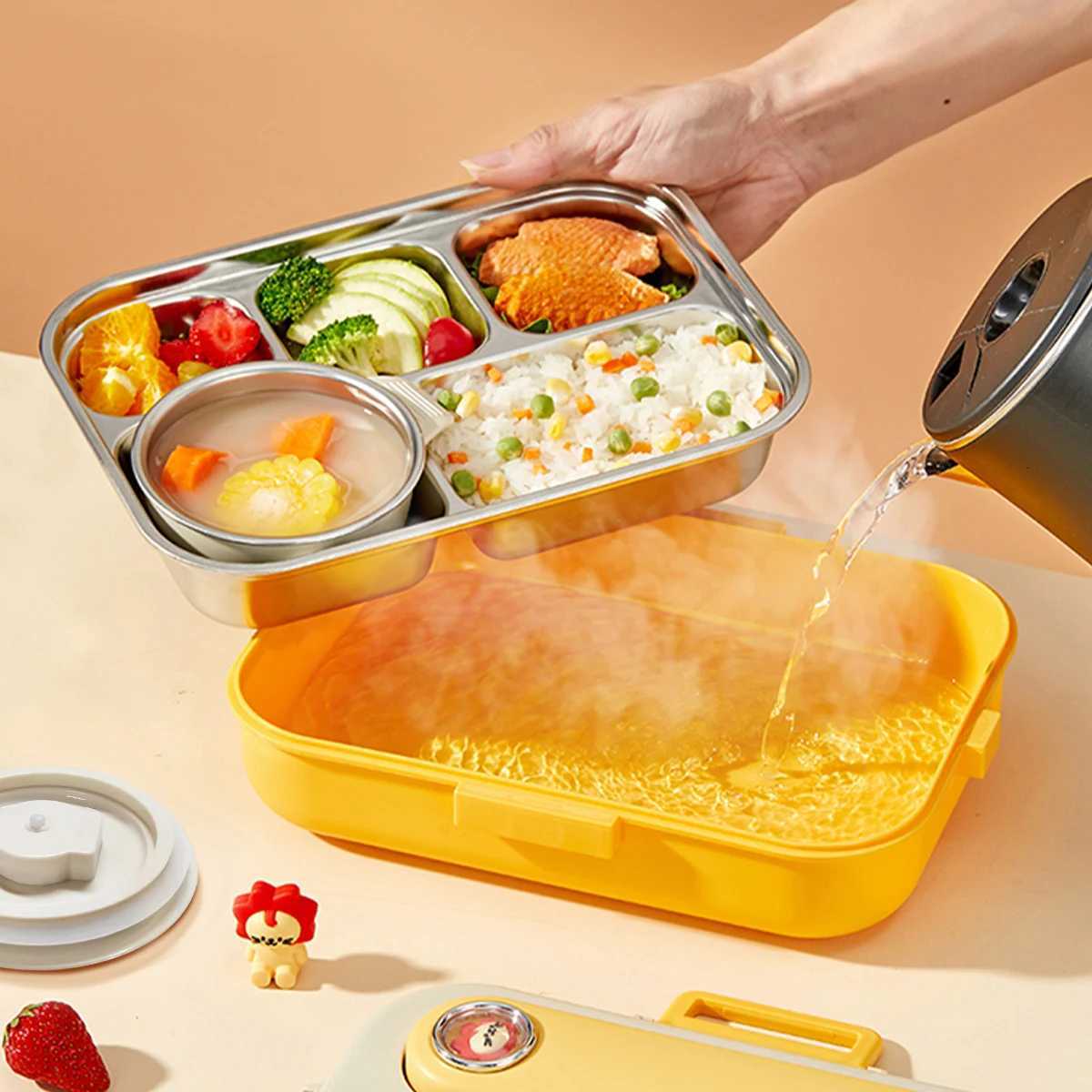 4/5 Grids Portable Bento Box With Bowl Cutlery 304 Stainless Steel Divided Lunch Box Microwave Heatable Lunch Container Set H251213