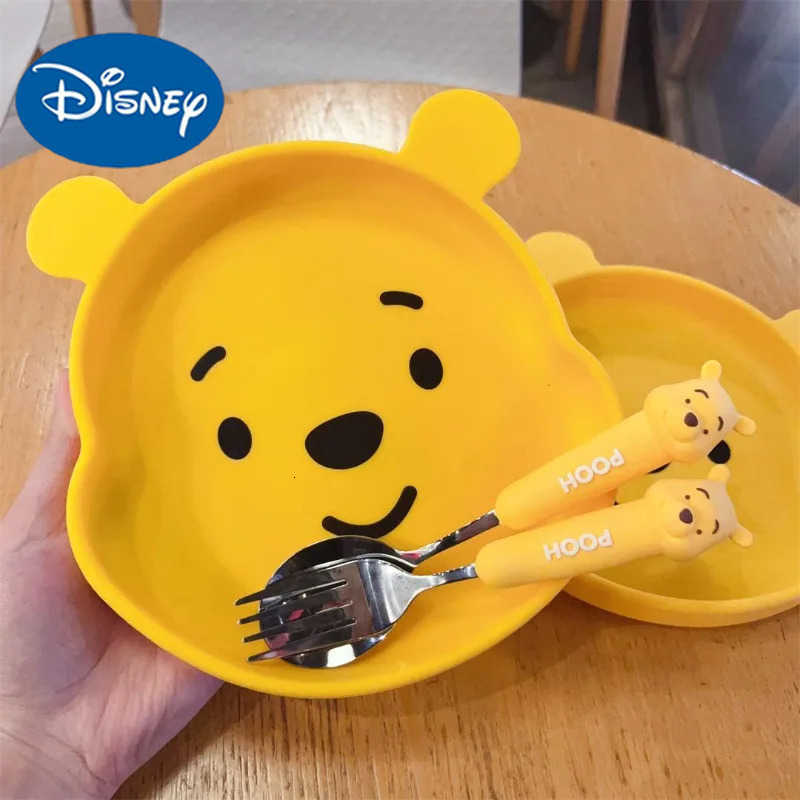 Disney Winnie the Pooh silicone dinner plate with fork and spoon set childrens tableware suction cup anti-fall tableware tray H251215