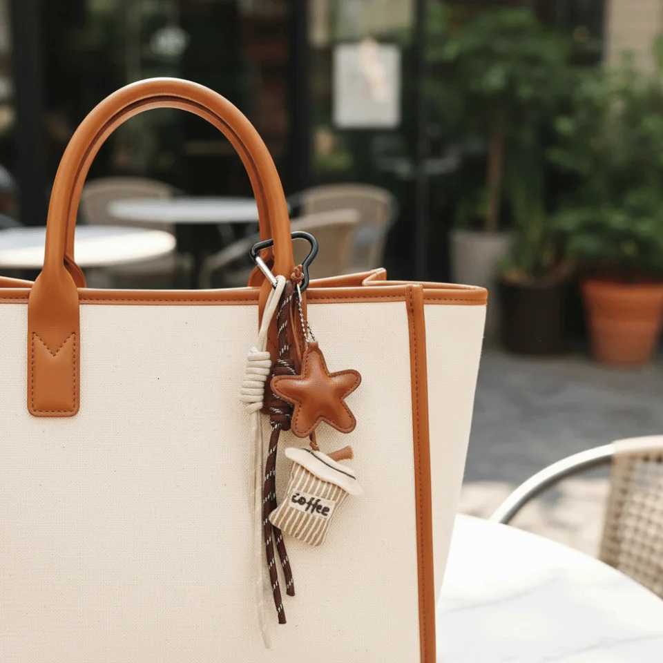 Creative Braid Rope Coffee Bread Keychain Leather with Star Pendant Bag Charm Handmade Bag Pendant M251215