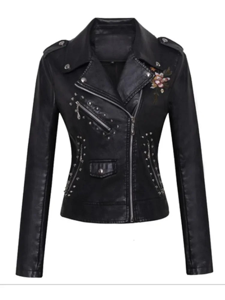 Women Patchwork Leather Jackets Flower Embroidery Rivets Short Section Pu Small Casual Motorcycle Coats 251205