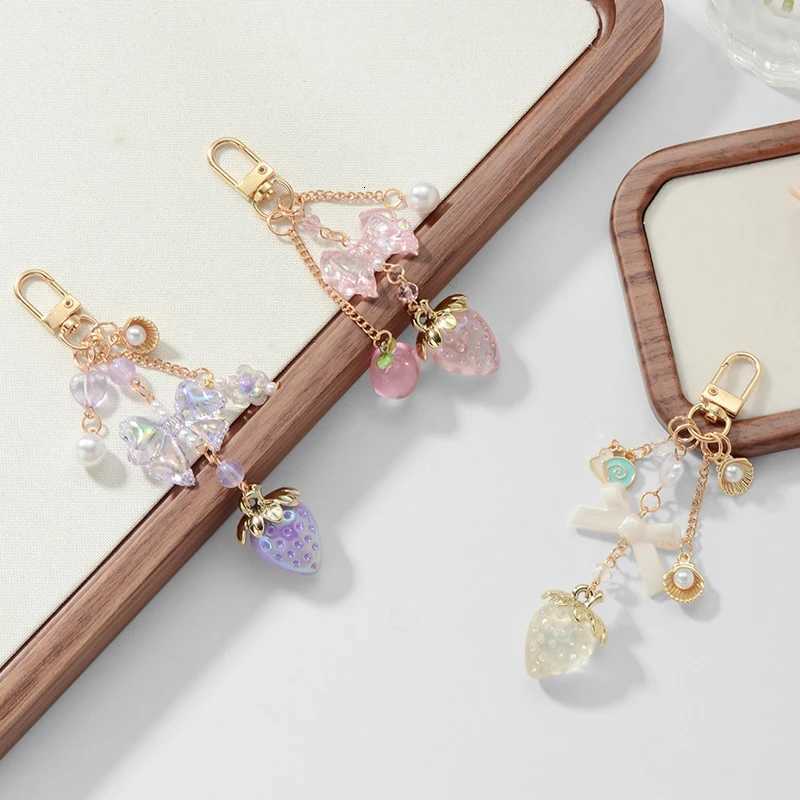 Y2K Bowknot Strawberry Keychain for Women Exquisite Sweet Flower Peach Bag Pendant Cute Romantic Accessorymobile Phone Chain M251215