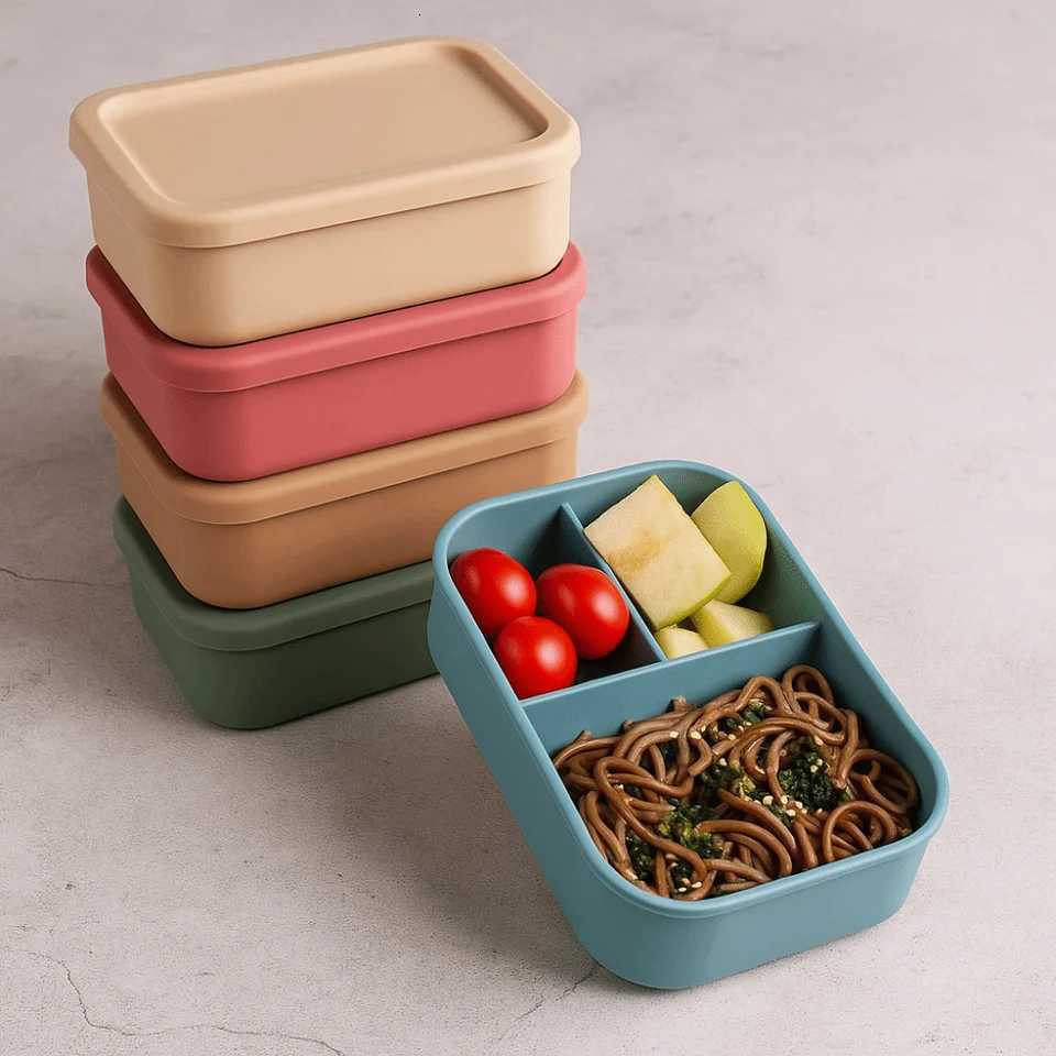 3 Cpartments Silicone Lunch Box Rectangar Heat Resistant Food Container Microwavable Lunch Container School H251213