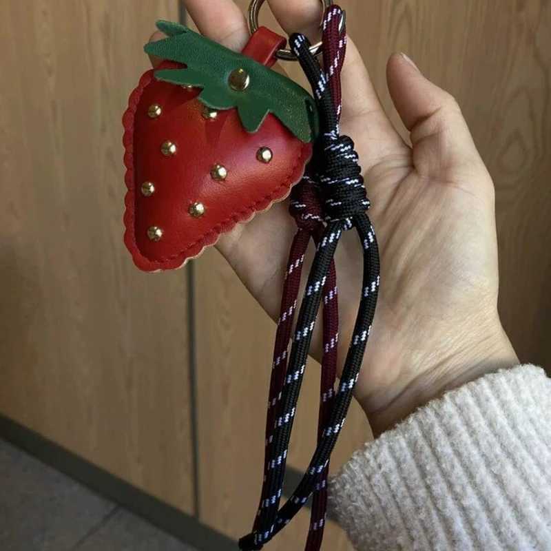 Cute Leather Strawberry Bag Pendant Charms Nylon Rope Keychain Aesthetics Backpack Accessories For Women Gift M251215