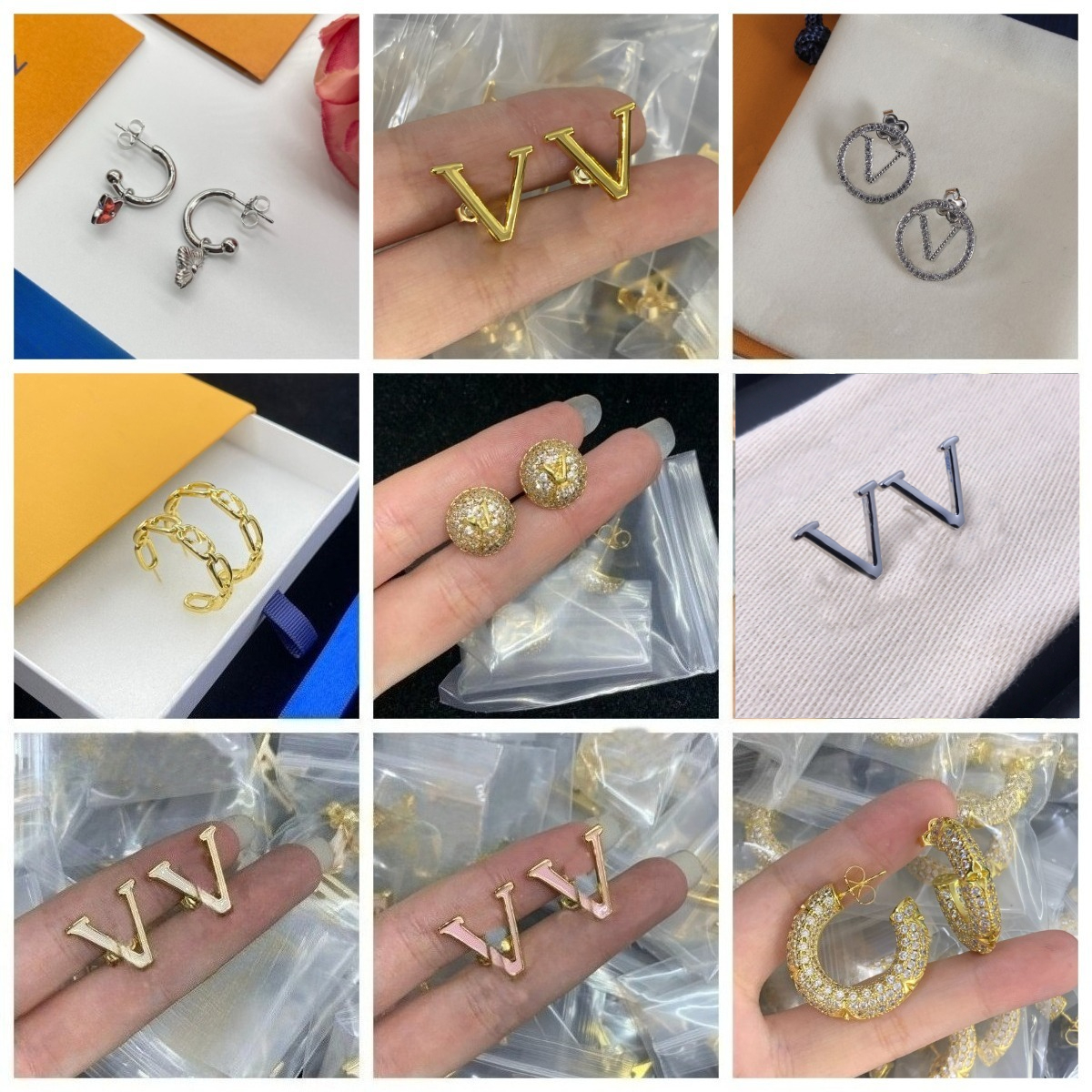 Classic Gold Plated Brand Designers Letters Stud Clip Chain Geometric Women Heart Crystal Earring Wedding Party Jewerlry