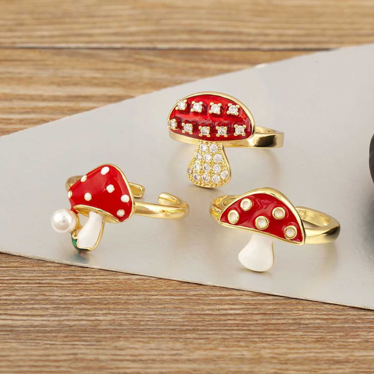 Nidin New Style Mushroom Shape Inlaid Zircon Pearl Enamel Drip Opening Adjustable Rings For Women Girl Cute Sweet Finger Jewelry M251215