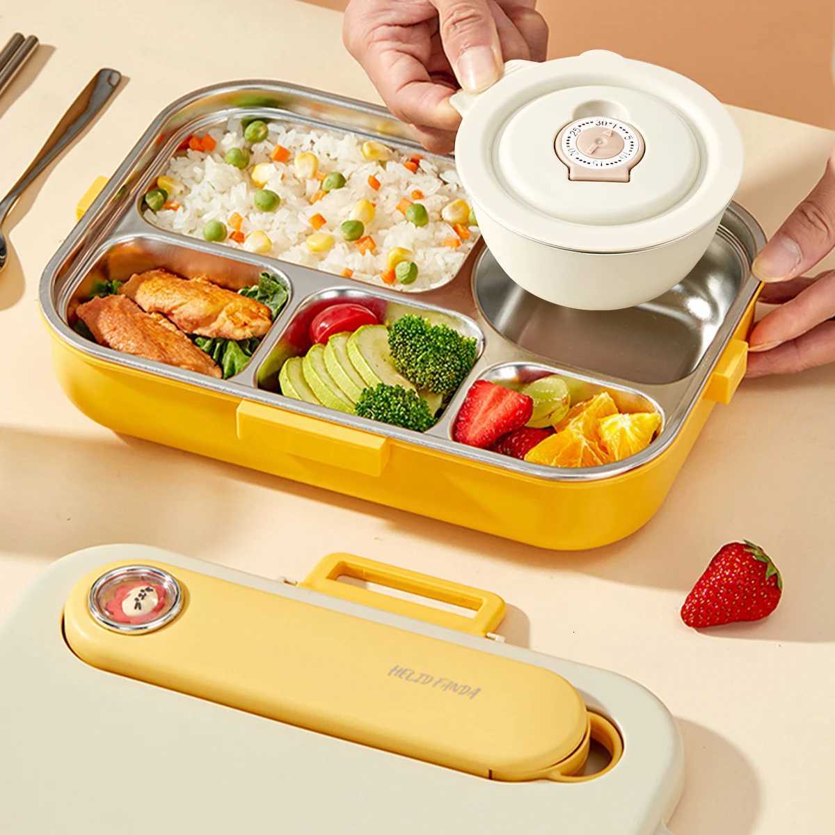 4/5 Grids Portable Bento Box With Bowl Cutlery 304 Stainless Steel Divided Lunch Box Microwave Heatable Lunch Container Set H251213