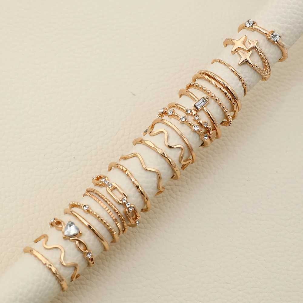 22Pcs/Set Bohme Fashion Style Heart Diamond Ring Simple Metal Star Geometric Ring For Women M251215