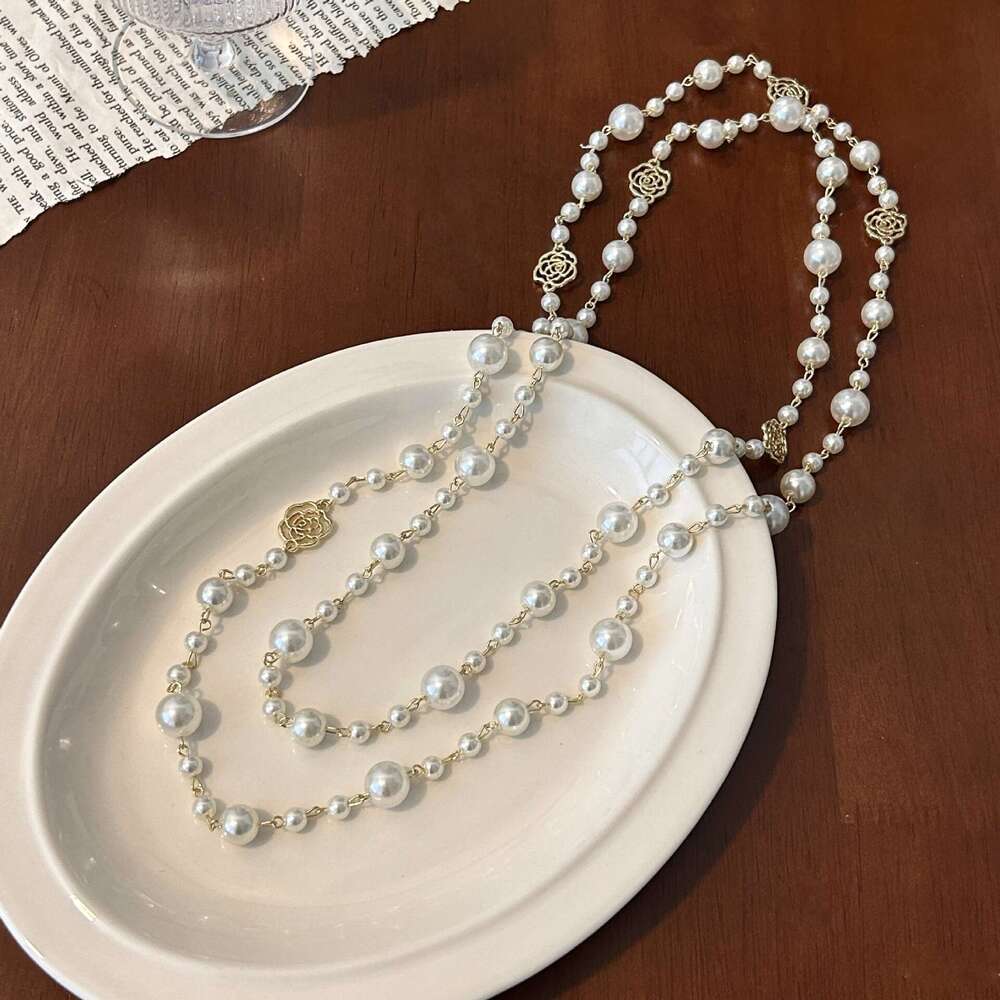 Necklace for Women Designer Luxury 2026 Long Camellia Pearl Necklace Niche High-End Multi-Layer Stacking Sweater Chain Accessory